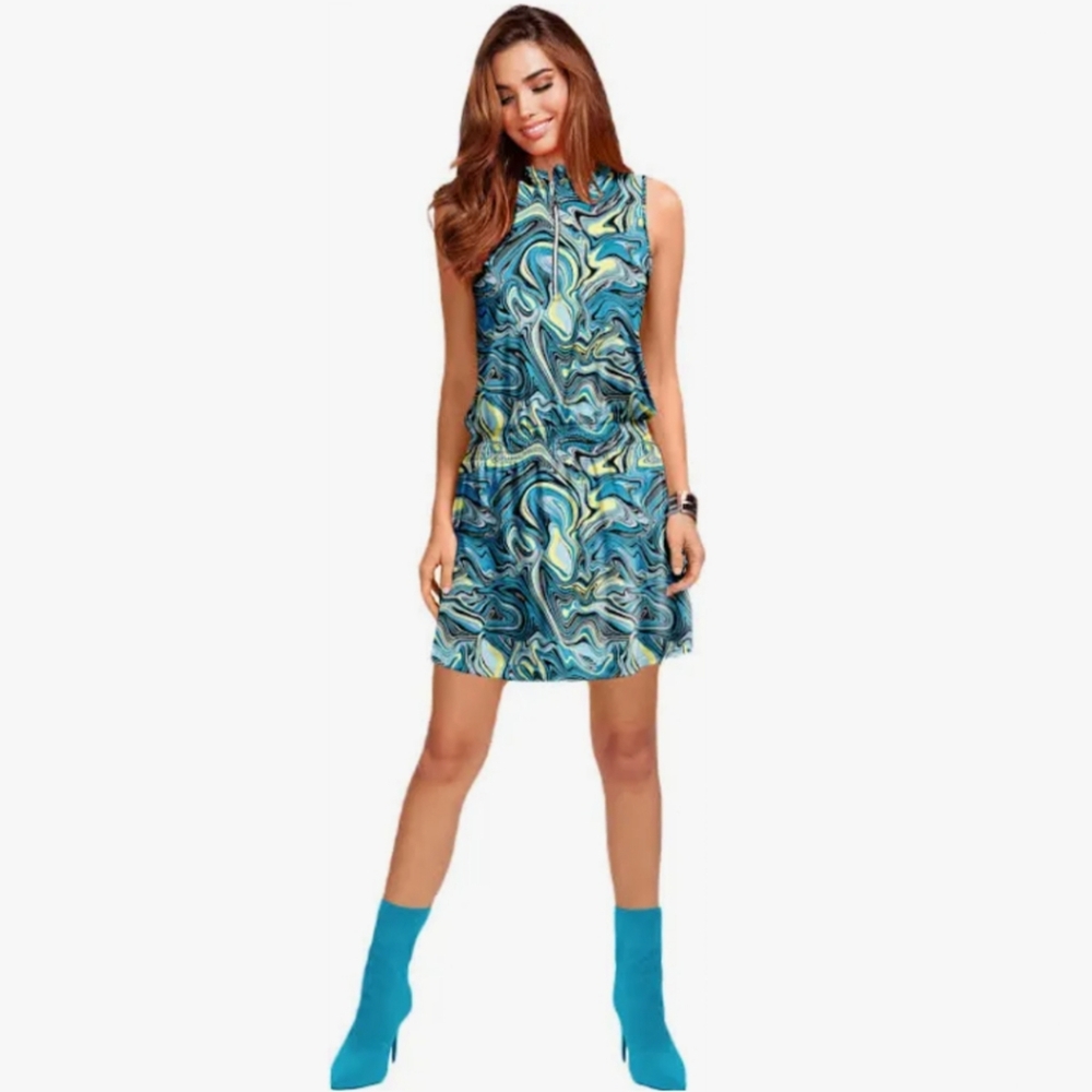 Jamie Sadock Women's Whirl Sleeveless Golf Dress Size Medium Blue,Black & Yellow